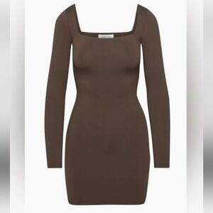 Babaton Aritzia Brown Ribbed Square Neck Mini Dress XS Bodycon Long Sleeve